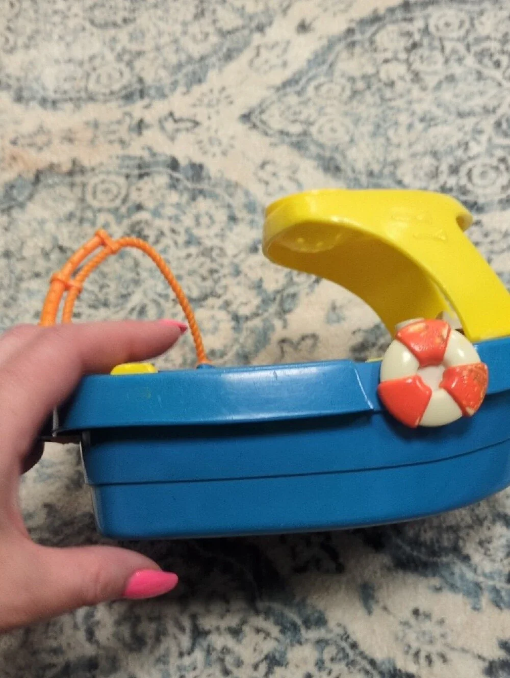 Fisher-Price Blue Toy Boat with Yellow Canopy and Orange Accessories